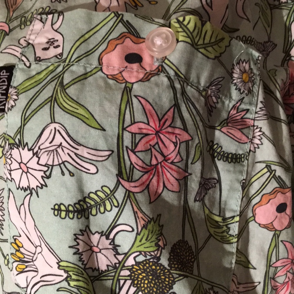 Flowers & Cats Green Button Up Short Sleeve Shirt Size Small 4/6 Cat Lady Blouse - Picture 3 of 9